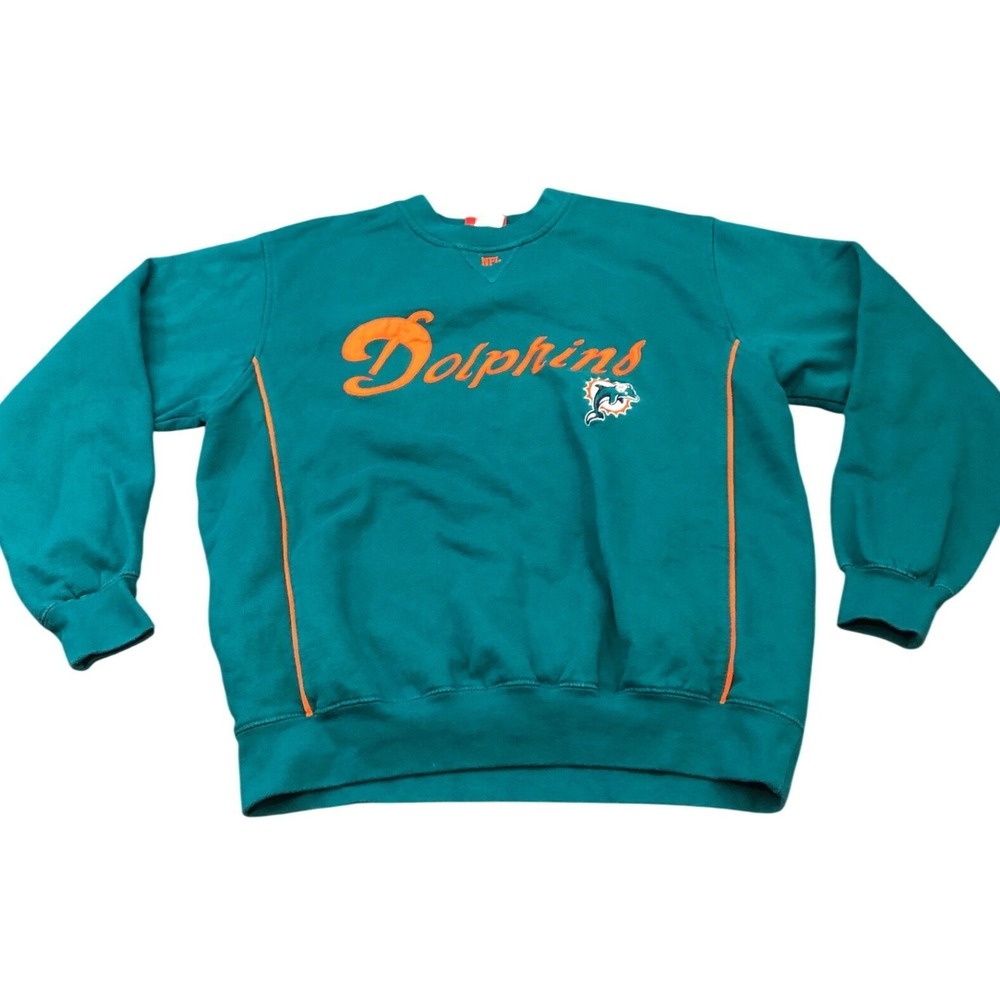 NFL Miami Dolphins Sweatshirt Mens Fits XL Teal Orange Embroidered Crewneck Y2K